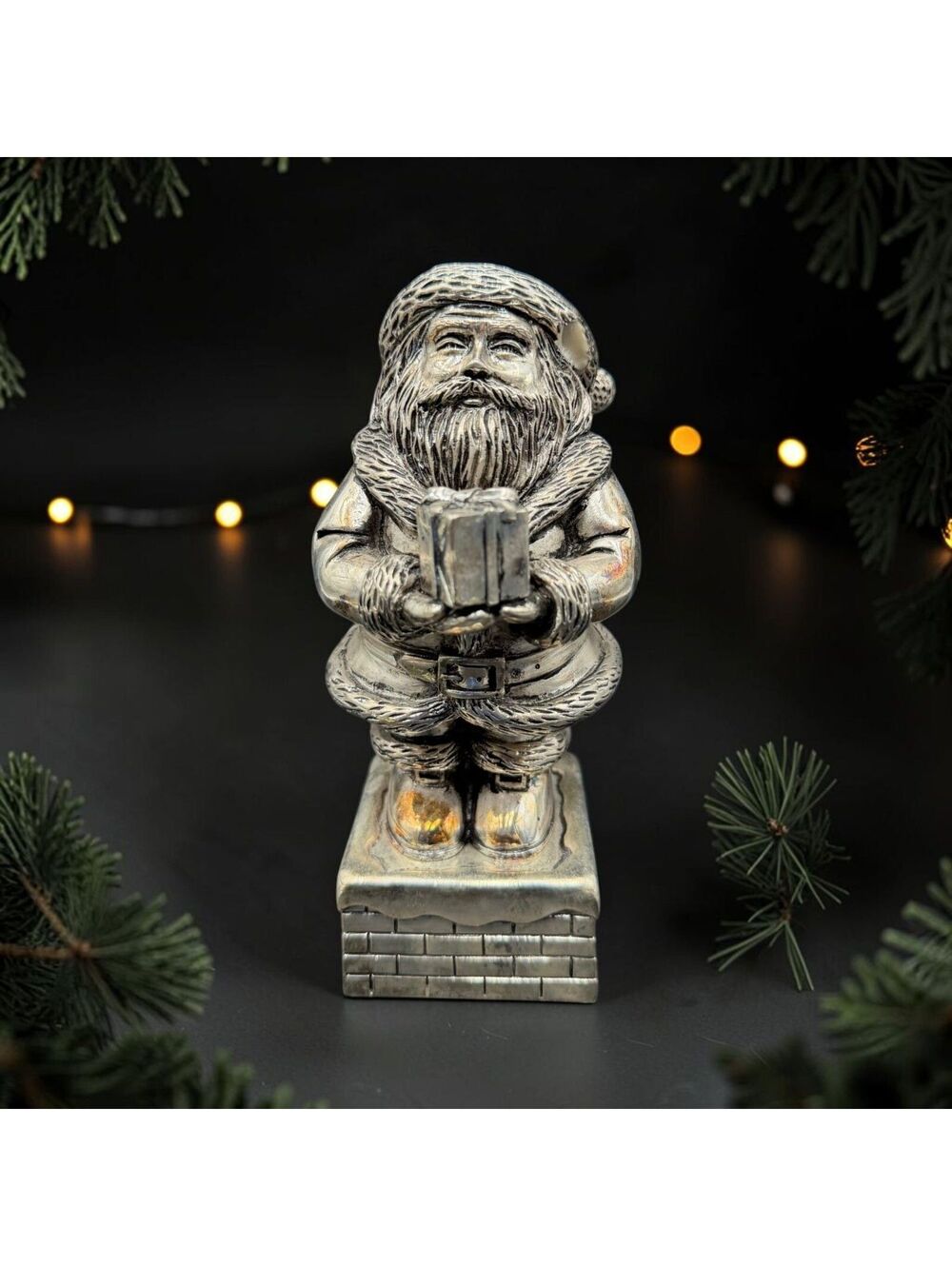 Vintage Silver Santa Claus Figurine on Chimney with Gift - Musical Holiday Decor
